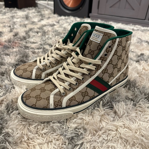 Gucci Tennis Men’s 1977 Beige Ebony High Top Sneakers - Picture 1 of 6